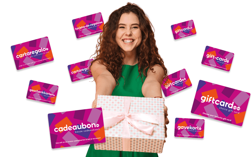 Woman holding a gift, surrounded by gift cards