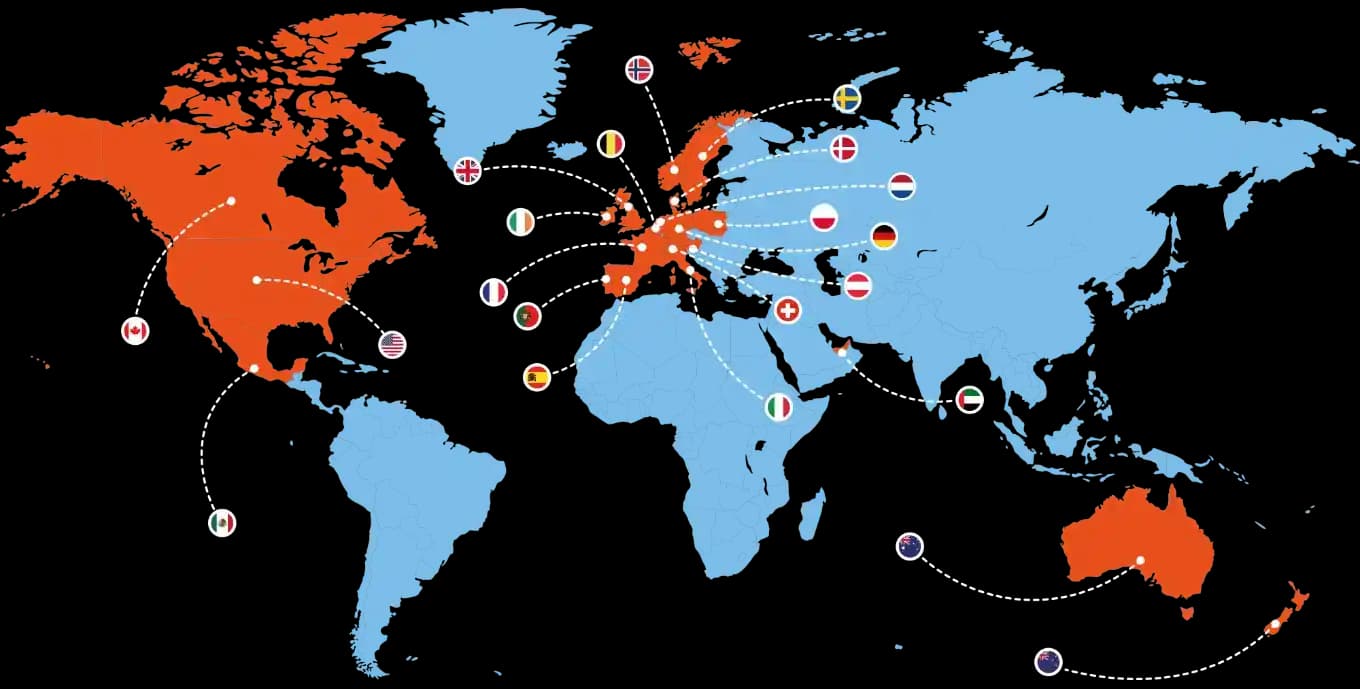 World map showing the countries where we deliver gift cards